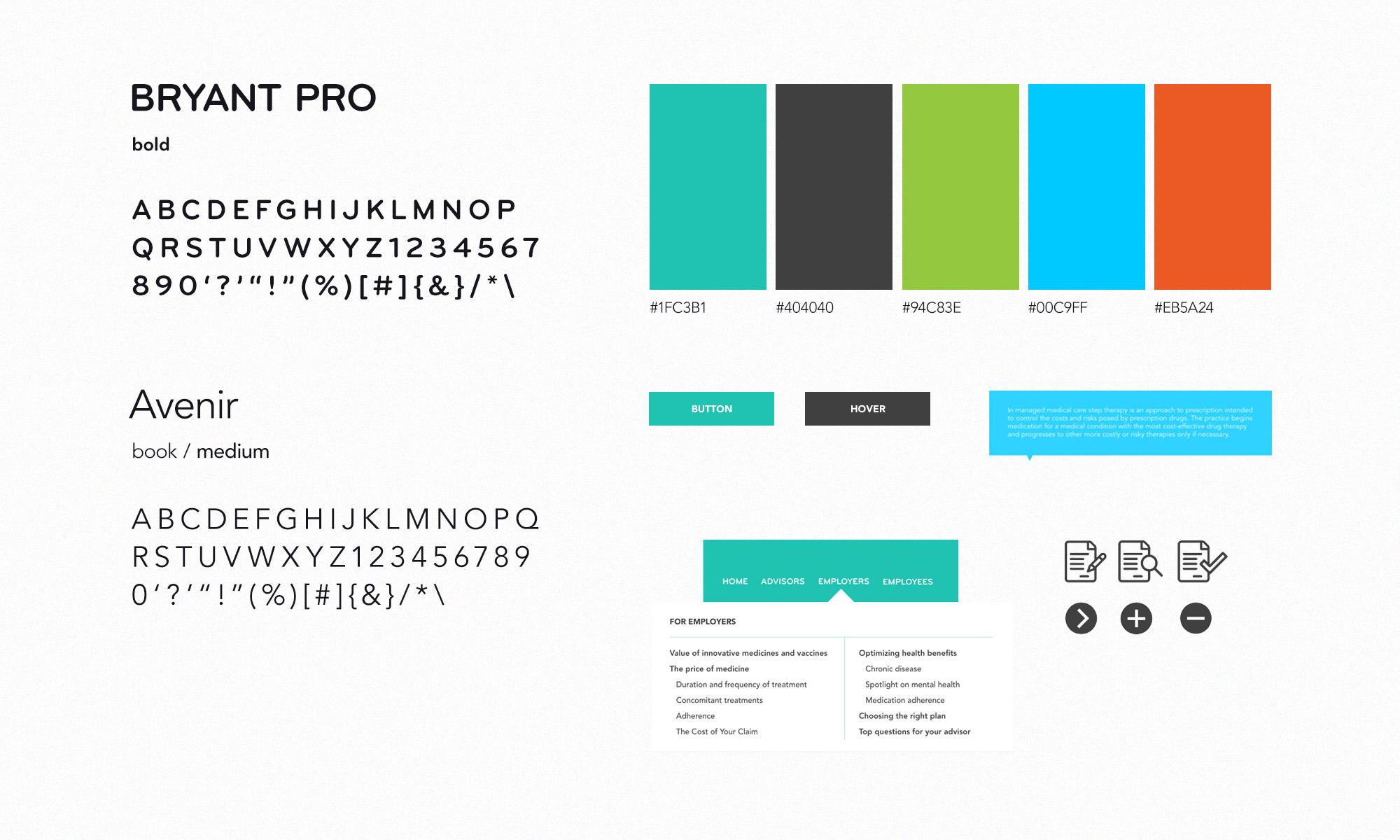 Process work showcasing colours, buttons plus hoverstates and typographical choices