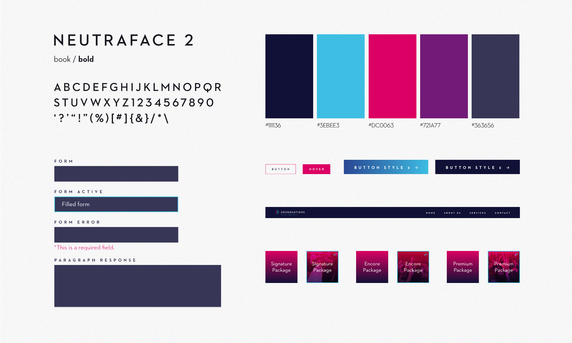 Process work showcasing colours, buttons plus hoverstates and typographical choices